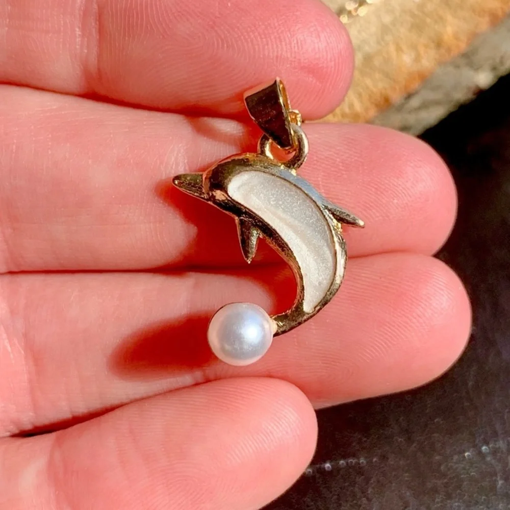 Nautical Coastal Marine Life Dolphin CZ Pearl Bright Shiny Pendant Necklace